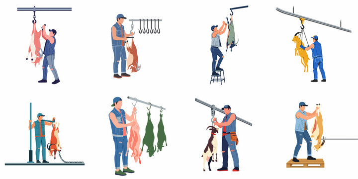 Set of illustrations showing slaughterhouse workers processing goat carcasses using industrial hooks and rails, isolated on white background.
