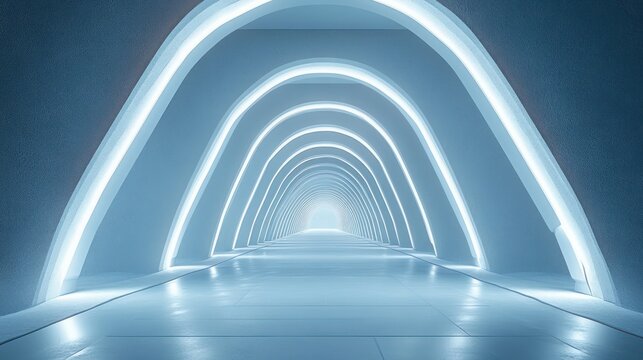 futuristic glowing arched tunnel with repeating illuminated arches, reflective polished floor and serene minimalist corridor leading to a bright vanishing point