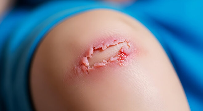 Close up of a scraped knee with raw skin and bleeding wounds injury