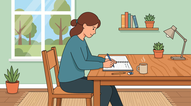 A woman sits at a wooden desk writing in a notebook with a pen, surrounded by a cozy home office setup with a lamp, plants, and books on a shelf.