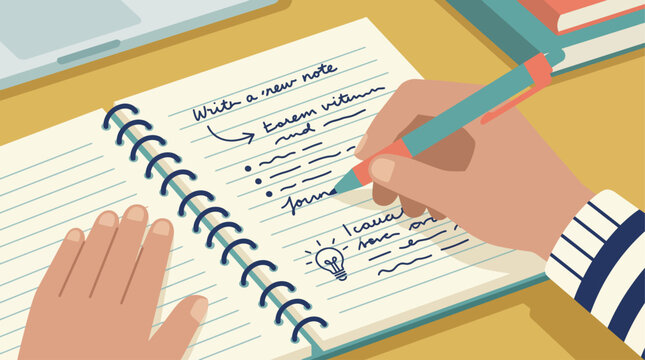 a student writing notes in a spiral notebook on a desk with a pen and books around, education and learning concept