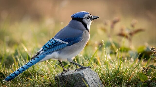 Blue jay perched gracefully on rock in dewy meadow at sunrise with natural morning light