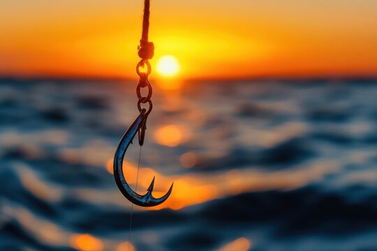 shiny fishing hook and metal links hanging from rope above shimmering ocean waves at golden sunset, evoking quiet solitude