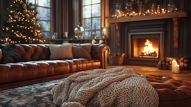 Inviting cozy living room with leather sofa, chunky knitted throw on ottoman, roaring fireplace, lit candles and decorated Christmas tree, warm festive glow