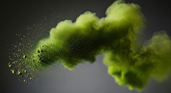 Vibrant green matcha powder exploding in mid-air