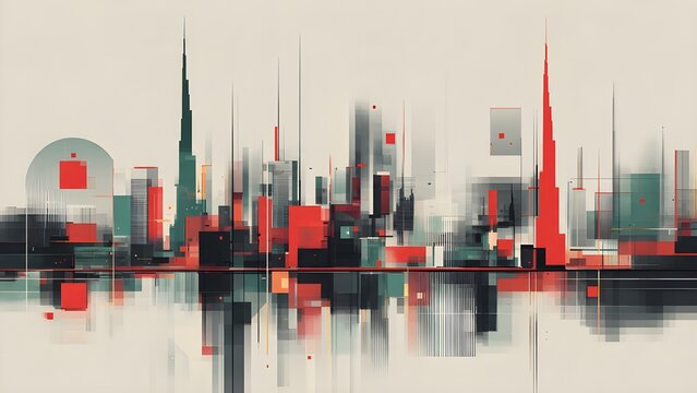 Geometric abstract view of the Dubai skyline with striking red, blue, and green pixelated elements. This modern architectural deconstruction shows reflections, creating a unique, futuristic urban city