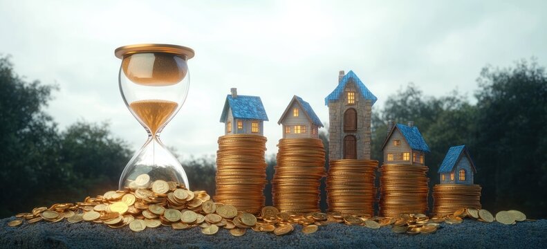hourglass beside stacks of golden coins topped with small blue-roofed model houses, warm glowing windows and scattered coins on a stone ledge at dawn, conveying urgency and hopeful financial growth