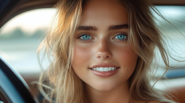Person with tousled blonde hair sitting in car by steering wheel, warm sunlight through window, windblown strands and a calm reflective mood