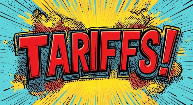 bold red word tariffs as a comic book pop art headline exploding with yellow sunburst, blue halftone background and dynamic motion lines conveying urgency and alarm
