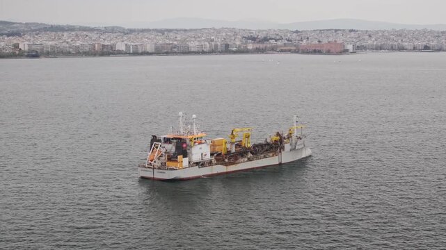 High-quality aerial footage of a dredger support vessel, also known as a subsea cable ship, operating in a busy industrial port. The vessel is designed for underwater cable installation, maintenance, 