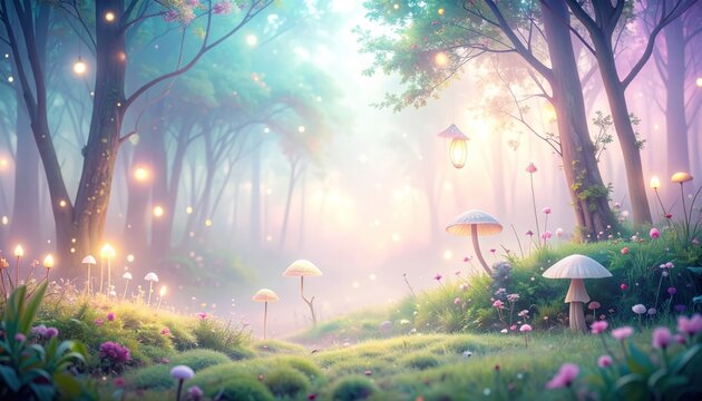 Ethereal enchanted forest landscape bathed in mystical glowing light, featuring luminous mushrooms and magical flora creating a dreamy, whimsical natural wonderland