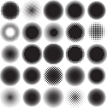 Halftones. Set of round halftone elements for icon backgrounds, information flashes, retail, logos and other uses.