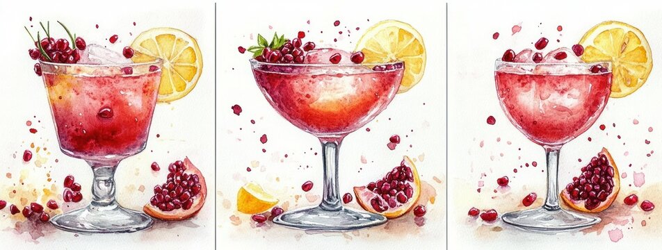 three watercolor cocktails: red pomegranate drinks in stemmed glasses with lemon slices, pomegranate seeds, ice and splashes, vibrant festive and refreshing