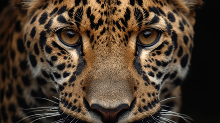 Obraz premium Leopard face close up intense eyes golden fur spotted coat majestic expression