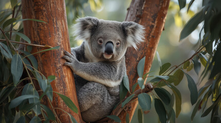 Fototapeta premium Cute koala sitting in eucalyptus tree with soft fur and calm expression