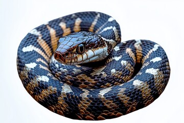 Fototapeta premium coiled patterned snake with glossy scales and watchful eyes, alert and poised on a white background