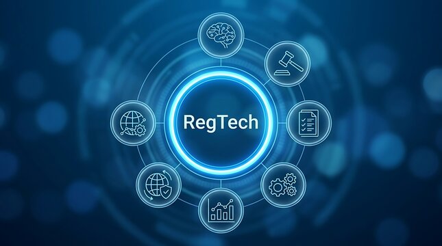 A futuristic RegTech interface displays various icons on a blue background with a central glowing circle.