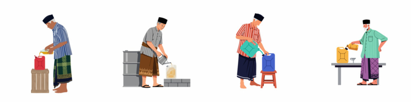 Illustrations of elderly Indonesian men in traditional sarong and peci pouring liquid fuel into jerrycans, representing local street vendors in Southeast Asia.