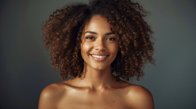 Smiling woman with curly hair natural skin confidence and self acceptance
