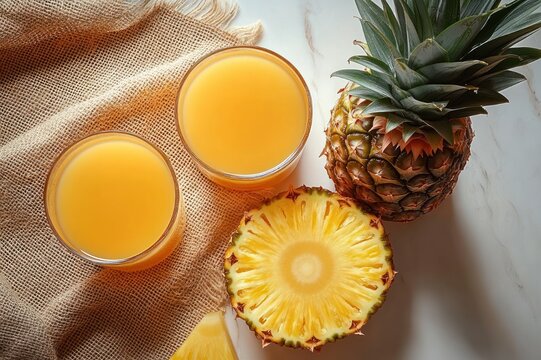 Two glasses of fresh pineapple juice beside a whole pineapple, a halved pineapple and a wedge on marble with burlap, bright refreshing tropical still life