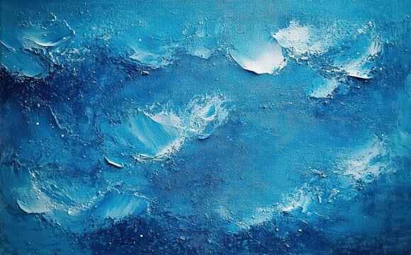 textured blue abstract painting with thick white impasto strokes suggesting clouds or waves, calm and tranquil mood