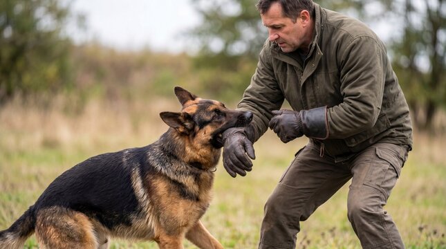 German Shepherd Dog Training: A dedicated trainer guides a strong german shepherd in an exercise, displaying focus, trust, and the bond between man and dog.