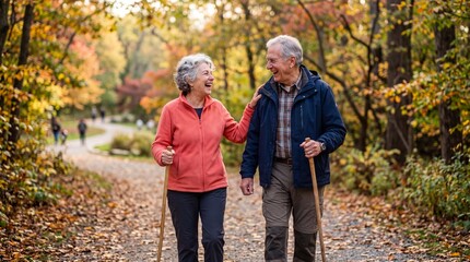 Obraz premium Golden Years Stroll: An elder couple shares a joyful autumn walk through a picturesque forest, basking in the glow of the warm sunlight and vibrant foliage.