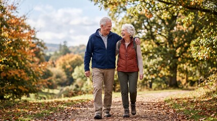 Fototapeta premium Golden Years Stroll: A radiant senior couple, hand in hand, leisurely stroll along a sun-dappled path through a vibrant autumn forest. Embrace the golden years. 
