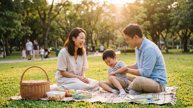 Family Picnic in the Park: A heartwarming scene unfolds as a family enjoys a delightful picnic in the park, surrounded by lush greenery, capturing a moment of joy, togetherness, and connection.