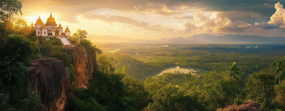 white temple with golden domes perched on a cliff above a lush green valley and winding lake, distant mountains under dramatic clouds at golden sunset evoking calm awe