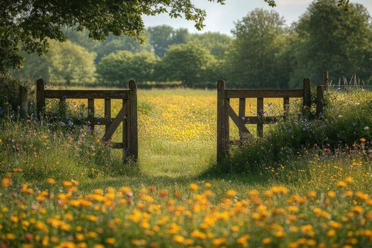 open wooden gate leading to a sunlit meadow carpeted with yellow wildflowers, framed by trees and wild grasses, evoking peaceful inviting summer tranquility
