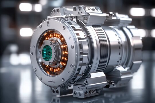 Close-up of polished cylindrical high-tech electromechanical rotor with glowing copper coils and illuminated green core, precision engineering and sleek futuristic mood
