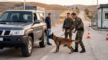 Naklejka premium Security Checkpoint: Soldiers in camouflage conduct a vehicle inspection at a checkpoint, utilizing a trained dog to search for contraband, emphasizing vigilance and safety.