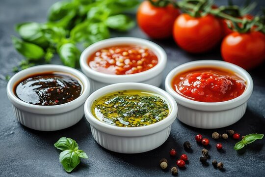 Four small white ramekins of colorful sauces and dips with fresh basil leaves, scattered peppercorns and vine tomatoes on a dark surface, appetizing and vibrant