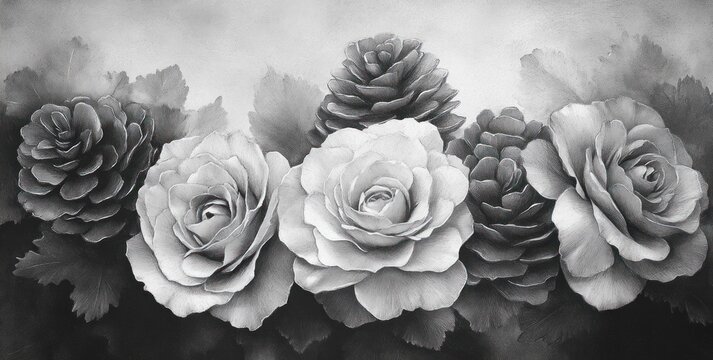 Monochrome still life of large roses interspersed with pine cones and textured leaves, a serene and elegant floral composition in soft graphite tones