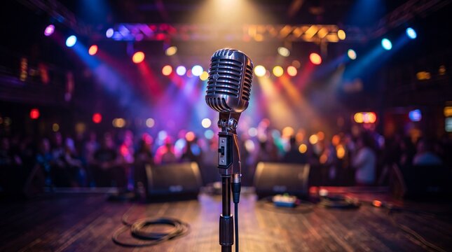 Vintage Microphone on Stage: A classic microphone stands ready on a dimly lit stage, bathed in the vibrant hues of stage lights, with a blurred audience anticipating the performance. 