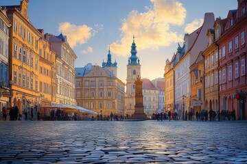Fototapeta premium warm sunset over a historic cobblestone town square with colorful facades, central statue column and church towers, people strolling in a peaceful evening bustle