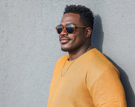 Confident young man in orange sweater leaning against textured gray wall wearing sunglasses, thin chain necklace and small stud earring