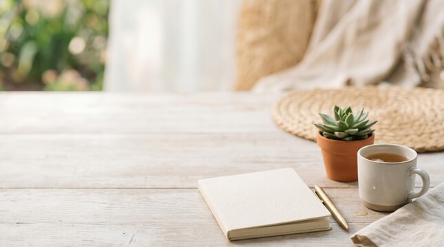 Cozy Morning Routine with Notebook and Tea on Rustic Wooden Table