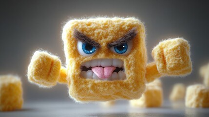 Fototapeta premium playful fuzzy yellow plush cube with raised fists and floating small cubes, soft fur texture, warm rim lighting and shallow depth of field conveying cheerful energetic mood