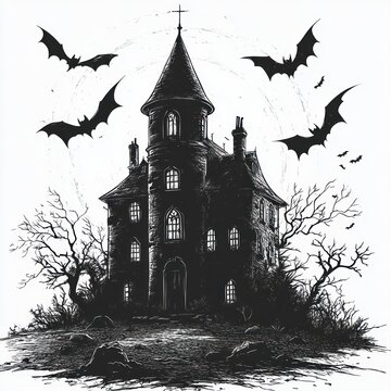 Ominous gothic mansion with tall turret and cross-topped spire, surrounded by twisted bare trees and flying bats beneath a pale moon, casting a dark, eerie, foreboding silhouette