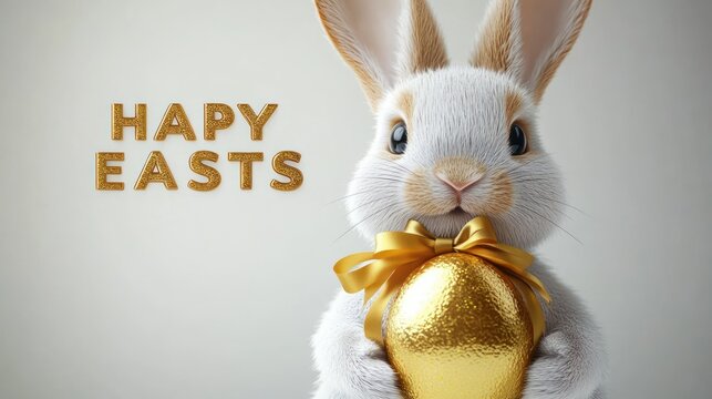 fluffy white rabbit holding a shiny golden egg tied with a gold ribbon, looking joyful beside glittering gold letters reading 'HAPY EASTS'