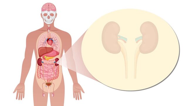 Animated human body with detailed internal organs zooming into the kidneys highlighting the urinary system in motion.