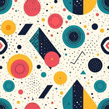 playful geometric pattern of colorful circles, concentric rings, triangles, rectangles, angled parallelograms and scattered dots on a warm cream background