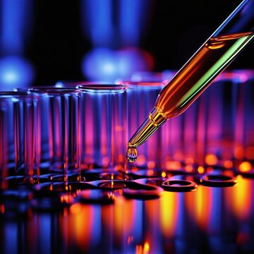 close-up of glass pipette releasing a droplet into a test tube well plate with neon blue and orange reflections, evoking focused precision and futuristic scientific intensity