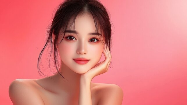Contemplative woman with hair pulled back, hand resting on chin and bare shoulders against soft pink gradient background, calm and elegant mood