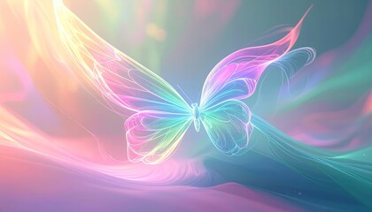 Obraz premium Magical and ethereal butterfly with glowing wings in a pastel rainbow-colored fantasy landscape