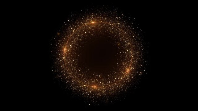Radiant golden particle ring forming perfect circular shape shimmering glow soft sparkling edges, party Festive celebration decoration parties, events, holidays, birthdays, and New Year s design. 4k