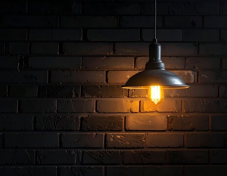 A single light bulb hangs from a metal shade against a dark brick wall