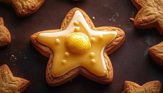 star-shaped gingerbread cookie topped with glossy yellow icing, textured yellow candy center and tiny star sprinkles on dark wooden surface, cozy festive mood